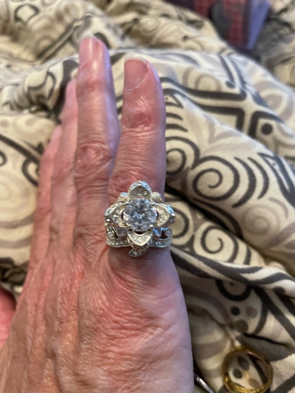 Silver Floral Cocktail Ring with Clear Center Stone - Women Jewelry